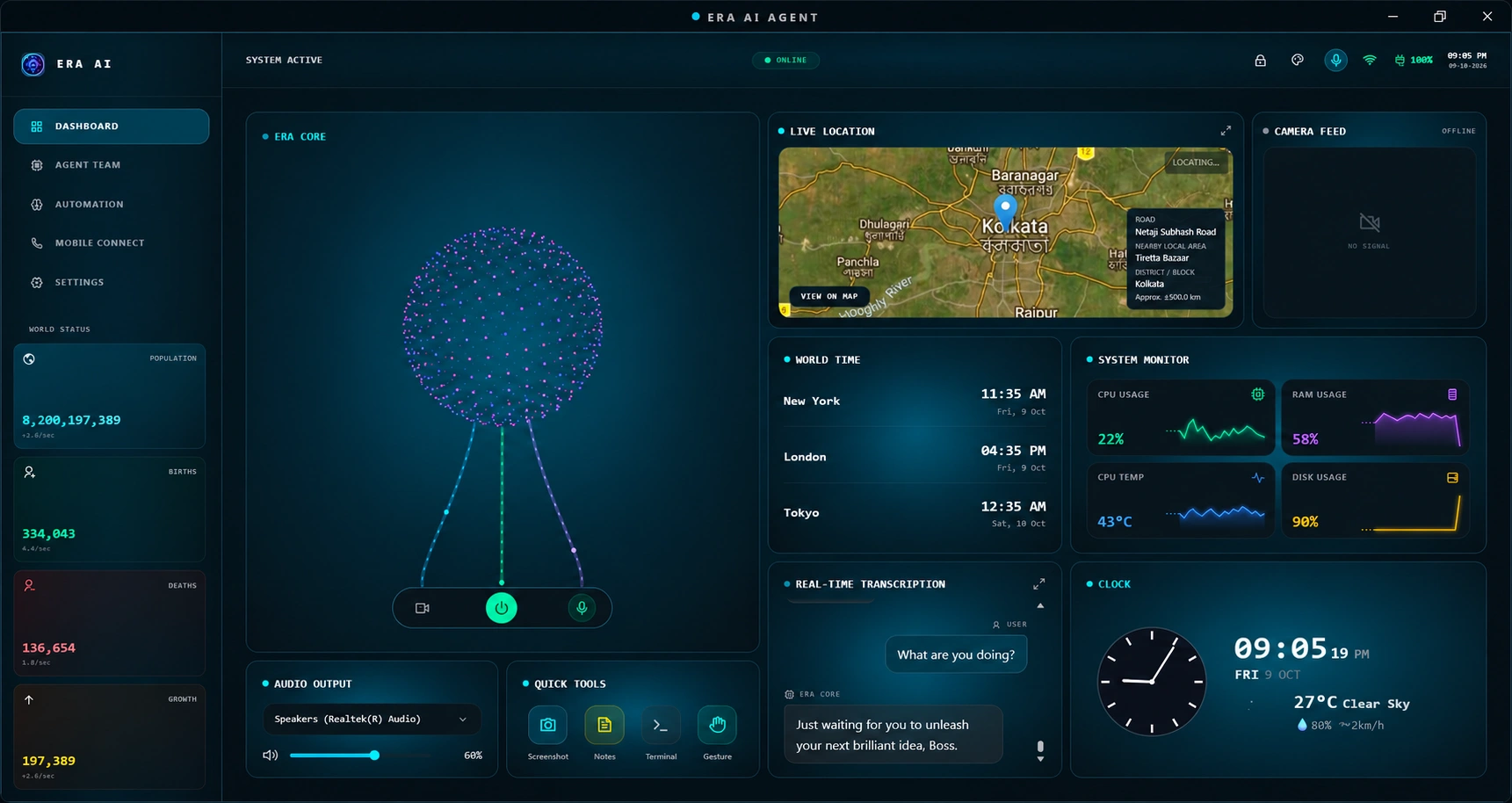 ERA AI desktop dashboard with the assistant core, local tools, live location, and system monitor