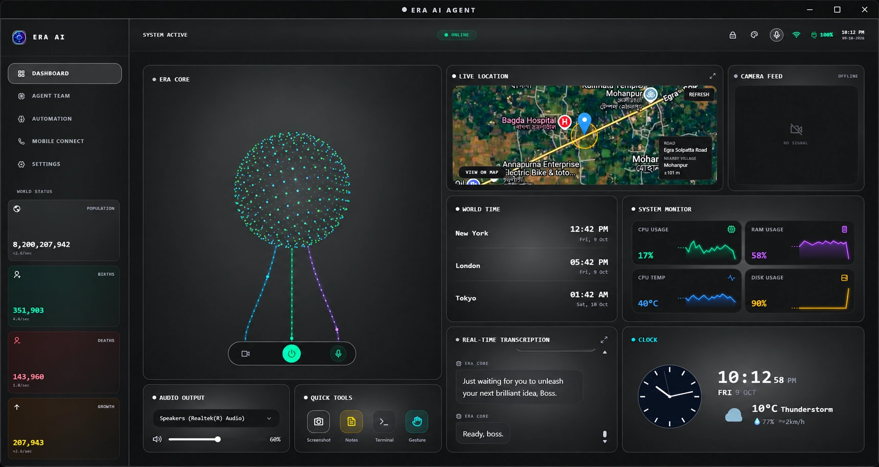 ERA AI desktop dashboard with the assistant core, local tools, live location, and system monitor